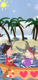 Playful cartoon couple on a boat in a tropical island setting under the sun.