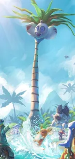 Tropical cartoon characters by a towering palm in a vibrant paradise scene.