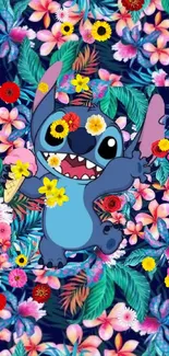 Playful blue cartoon character on a vibrant tropical floral background.