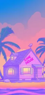 Cartoon house with palms against a colorful sunset.