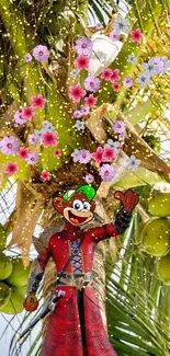 Cartoon monkey under a palm tree with flowers.