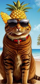 Cat wears sunglasses and pineapple crown on a sunny beach with palm trees.