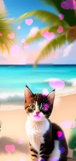 Cute kitten on tropical beach with pink hearts and ocean backdrop.