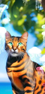 Bengal cat with green eyes and tropical background.