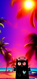 Vibrant tropical sunset with cartoon cat on a beach under palm trees.