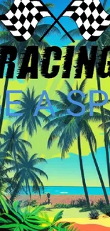 Tropical racing wallpaper with palm trees and checkered flags on a vibrant beach.