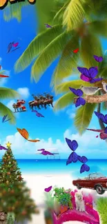 Tropical beach Christmas wallpaper with palm trees, butterflies, and festive decor.