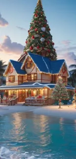 Tropical Christmas scene with beach house and decorated tree.