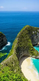 Turquoise beach and cliff with lush greenery in tropical setting.