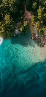 Aerial view of tropical coastline with turquoise waters and lush greenery.