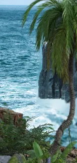 Tropical coastline with palm trees and ocean waves.