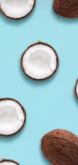 Mobile wallpaper with coconuts on pastel blue background.