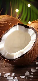 Halved coconut with shells on a wooden surface with greenery.