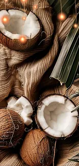 Tropical coconut on textured fabric with palm leaves.