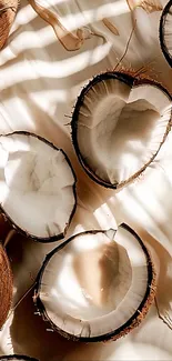 Sunlit coconut halves on a beige backdrop.