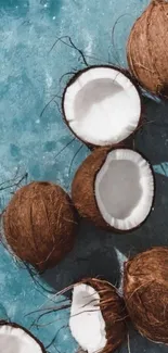 Tropical coconuts on blue textured background.