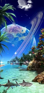 Tropical paradise with sharks under cosmic sky