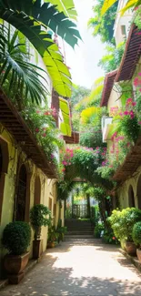 Tropical courtyard with lush greenery and flowers, sunlit path.