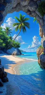 Scenic tropical beach with palm trees and clear blue water framed by rocky archway.