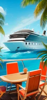 Tropical cruise ship wallpaper with palm trees and ocean.