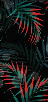 Tropical wallpaper with red and green leaves on a dark background.