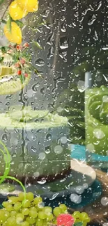 Tropical lime cake surrounded by fruit in a jungle setting.