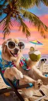Dog in sunglasses on a tropical beach with a coconut drink at sunset.