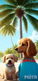 Two dogs on a tropical beach with palm trees and clear blue sky.