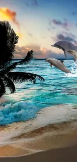 Tropical beach with dolphins jumping at sunset over turquoise waves.