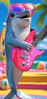 Dolphin playing guitar on a tropical beach.