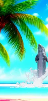 Dolphin jumping near palm trees on a bright tropical beach.