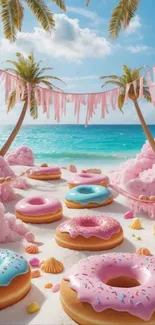 Whimsical tropical beach with colorful donuts and palm trees.