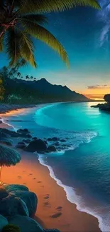 Tropical beach at sunset with palm trees and a turquoise ocean.