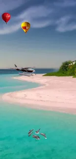 Scenic tropical beach with turquoise ocean, hot air balloons, and seaplane.