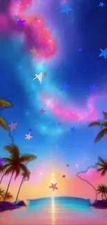 Colorful galaxy sky over tropical beach with palm trees and stars.