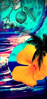 Tropical themed phone wallpaper with palms and flowers in vibrant colors.