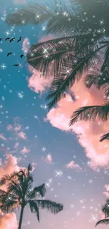 Tropical sunset sky with palms and stars wallpaper.