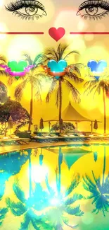 Tropical sunset with palm trees and pool reflection, enhanced with digital art elements.