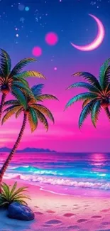 Tropical beach scene with colorful palm trees under a crescent moon and starry sky.