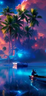 Tropical dreamscape with palm trees under a vivid night sky and serene water.