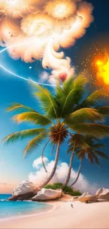 Surreal tropical beach scene with palm trees and vibrant sky.