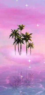 Palm trees on pastel pink ocean background with reflection.