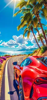 Red sports car on tropical beach road with palm trees and ocean.