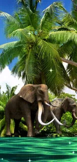 Tropical landscape with elephants, palms, and serene water.