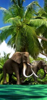 Elephants walking amongst tropical palm trees by a serene ocean.