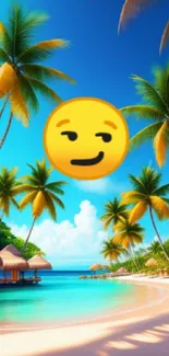 Tropical beach with palm trees and a playful emoji under clear skies.