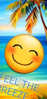 Tropical beach wallpaper with happy emoji and palm tree.