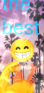 Palm trees at sunset with vibrant emoji flair.