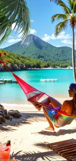 Woman relaxing in hammock on tropical beach with turquoise waters and palm trees.