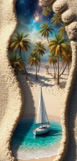 Tropical sailboat artwork encased in sandy footprint with palm trees.